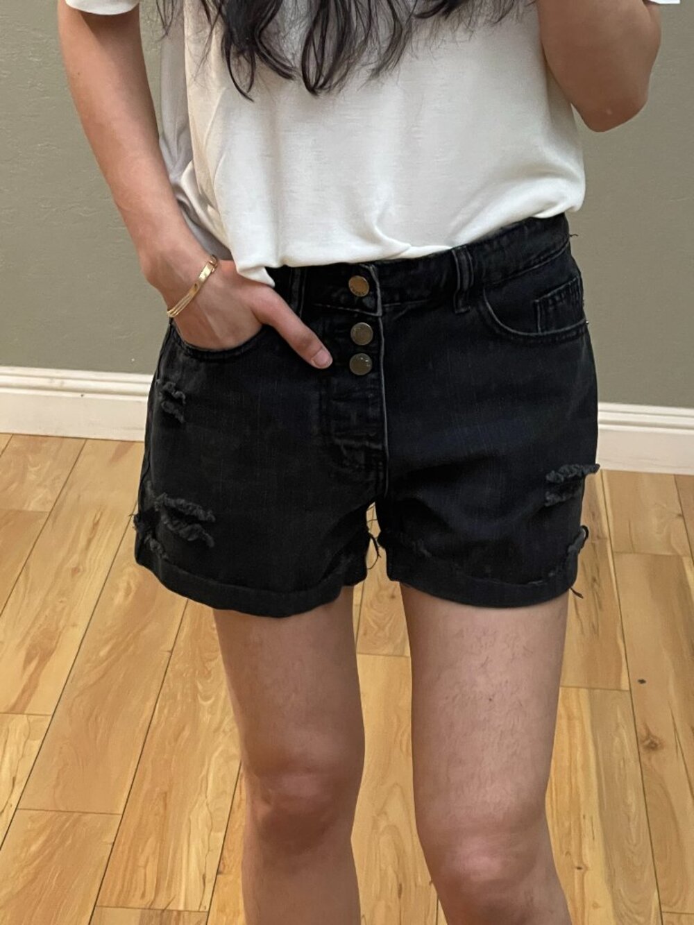 Women's Black Distressed Denim Shorts High Rise Button Fly Rolled Hem Size XS